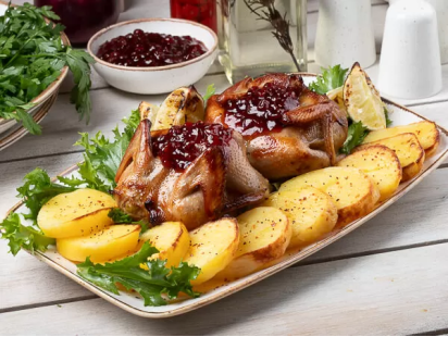 Перепелки фаршированные под соусом из смородины