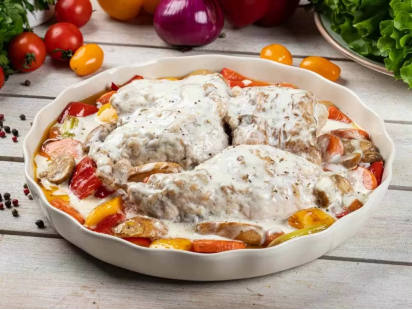 Кролик с овощами под сливочным соусом
